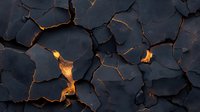 Dramatic black cracked surface with glowing golden light emerging through deep fissures, creating abstract pattern of broken pieces and illuminated crevices.