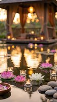 Tranquil spa setting with floating lotus flowers, candles and warm lights reflecting in water near wooden gazebo for relaxation and wellness concepts.