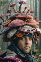 Young bearded man wearing extraordinary knitted mushroom hat in fantasy forest setting. Artistic portrait combines nature-inspired fashion with mystical atmosphere.