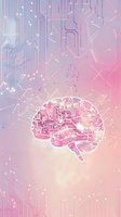 Digital brain with circuit patterns on gradient pink and purple background representing artificial intelligence and neural networks.