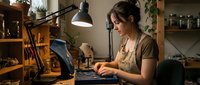 Young woman of mixed ethnicity working on laptop at wooden desk in home office studio with warm lighting, plants, and shelving.