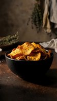 Homemade baked sweet potato chips with herbs in dark bowl on rustic wooden table. Healthy organic snack food for diet and nutrition concepts.