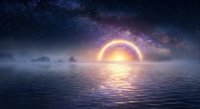 Surreal cosmic seascape with glowing sun ring and starry galaxy sky reflecting on calm ocean waters creating mystical horizon scene.