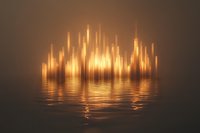 Glowing golden light pillars rising from calm water surface with reflection, creating mysterious atmospheric scene in dark environment. For fantasy backgrounds.