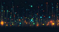 Glowing vertical lines with colorful light particles floating against dark background create magical abstract pattern. For technology and science backgrounds.