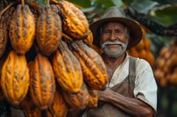 Senior Hispanic farmer with gray mustache and straw hat smiling while standing next to ripe cacao pods hanging from tree on sustainable farm during harvest season.