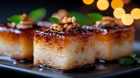 Caramelized dessert squares topped with walnuts and fresh mint, drizzled with syrup on a dark plate with bokeh lights.