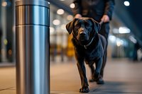 Black Labrador Retriever walking on urban street next to metal bollard at night with blurred city lights and pedestrians in background. Dog on leash in downtown area.