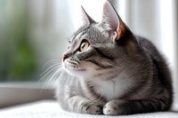 Gray and white tabby cat with alert expression lying down and looking to side, soft bokeh background creates dreamy atmosphere. Captured in natural window light.