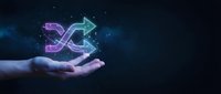 Glowing neon arrows in purple and cyan float above an open palm against dark background, symbolizing growth, progress, and digital transformation for business and technology concepts.