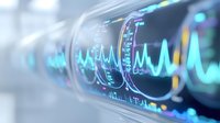 Medical monitor displaying vital signs with heart rate waves and patient data in intensive care unit, showing dynamic health measurements in blue glow.