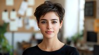 Young professional woman with short brown hair smiling confidently in modern office environment, business portrait for corporate communications and marketing.