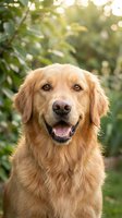 Happy golden retriever dog portrait with open mouth smiling in natural outdoor setting with green foliage background and warm sunlight for pet care content.