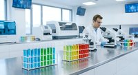 Young Caucasian male scientist in white lab coat working with microscope in modern laboratory with colorful test tubes and research equipment.