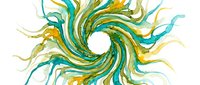 Swirling abstract watercolor design in teal, gold, and yellow tones with flowing brushstrokes radiating from center, suitable for backgrounds and creative projects.