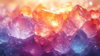 Glowing crystal formations in vibrant orange, purple and blue colors with magical light effects and bokeh background, creating mystical mineral abstract macro photography.