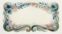 Watercolor floral frame with gold ornamental swirls, pink and blue flowers, green leaves, blank center for text or design use.
