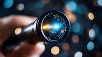 Magical starry cosmos view through camera lens with glowing light effects and bokeh background, creative photography concept for astronomy and space exploration.