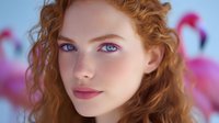Young woman with natural red curly hair and blue eyes against blurred pink flamingo background, soft dreamy lighting creates romantic summer atmosphere.