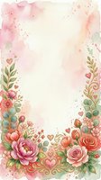 Watercolor floral frame with pink roses, peonies, and decorative hearts on cream background. Isolated design ready for invitations, greeting cards, and wedding stationery projects.