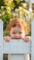 Adorable toddler with curly blonde hair peeking over white wooden fence in sunny garden setting with natural bokeh background for family content.