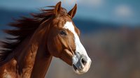 Chestnut horse with white blaze galloping in wind, mane flowing, outdoor equestrian portrait for animal, nature and lifestyle content.
