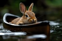 Adorable young rabbit sitting in rustic metal bowl outdoors with soft natural lighting and shallow depth of field for wildlife photography projects.