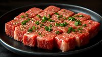 Fresh raw beef cubes seasoned with herbs, sea salt and black pepper on dark plate, close up view of marbled meat garnished with chopped parsley.