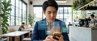 Young man with dark hair and South Asian ethnicity wearing blue plaid shirt using smartphone with augmented reality interface overlay in modern office workspace with colleagues and plants.