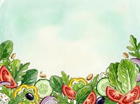 Salad ingredients arranged on watercolor background with fresh vegetables including tomatoes, cucumbers, lettuce, olives and onions. Isolated design element for food, nutrition and healthy eating content.