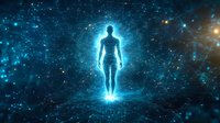 Glowing silhouette of human figure standing in cosmic space surrounded by blue light rays and network connections against starry universe background.