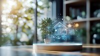 Futuristic holographic house projection floating above smart home device with decorative plant, glowing particles and bokeh background. Modern real estate concept.