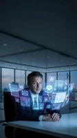 Middle-aged Caucasian businessman in suit working with holographic digital interface displaying emails, charts and data in modern office environment.