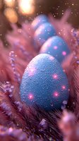 Magical Easter eggs with water drops and glowing sparkles nestled in pink feathers and delicate flowers create dreamy spring atmosphere.