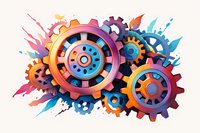 Colorful mechanical gears and cogs with watercolor splash background, perfect for business innovation, technology and engineering concepts, isolated on white background.