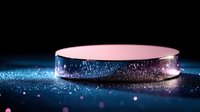 Glowing pink round platform surrounded by sparkling blue particles on dark background creates futuristic product display setting for luxury presentation.