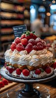 Fresh strawberry pavlova cake with whipped cream swirls and ripe berries on black cake stand, rustic wooden table setting with blurred cafe background.