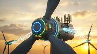 Futuristic wind turbine with glowing blue energy rings and digital displays at sunset, renewable energy technology concept for sustainable power generation.