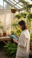Young woman using tablet in greenhouse surrounded by lush plants and natural light for sustainable gardening and digital agriculture technology.