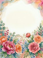 Watercolor floral frame with pink, coral, and orange roses, peonies, and eucalyptus leaves on white background. Isolated design for invitations, greeting cards, and wedding stationery projects.