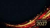 Festive New Year 2027 celebration design with golden and red glowing light trails and sparkling particles on dark background for holiday greeting cards and promotional materials.