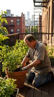 Middle-aged Caucasian man gardening on urban rooftop terrace with city skyline background, tending plants in terracotta pots during golden hour sunlight.