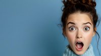 Young woman with brown hair styled in a top bun, fair complexion, and surprised expression with open mouth against blue background. Suitable for emotion, reaction, and lifestyle content.