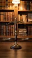 Vintage brass scales of justice on wooden desk in law library with books and warm lighting for legal and attorney office concepts.