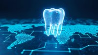 Digital tooth hologram glowing blue on futuristic circuit board background for dental technology and healthcare innovation concepts.