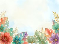 Watercolor floral background with tropical leaves and colorful flowers in pastel tones, gold outlines, soft sky backdrop for cards and invitations.