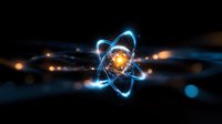 Glowing atomic structure with orbiting electrons and energy core on dark background, blue light trails and orange particles create scientific atmosphere.