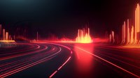 Futuristic curved highway with glowing red neon lines and illuminated data visualization bars creating dynamic cityscape silhouette against dark background.
