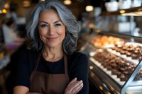 Confident mature woman baker with silver hair standing in modern bakery with arms crossed, wearing brown apron over black shirt, warm lighting and pastries.