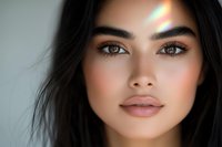 Young woman with Southeast Asian ethnicity, dark long hair, and brown eyes, wearing subtle makeup with prismatic light reflection on forehead, suitable for beauty, skincare, and cosmetics marketing campaigns.